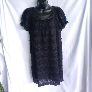 VINTAGE Sunhee Black Lace Sequin Dress With Satin Collar, 10P, 20" PTP, 34"L
